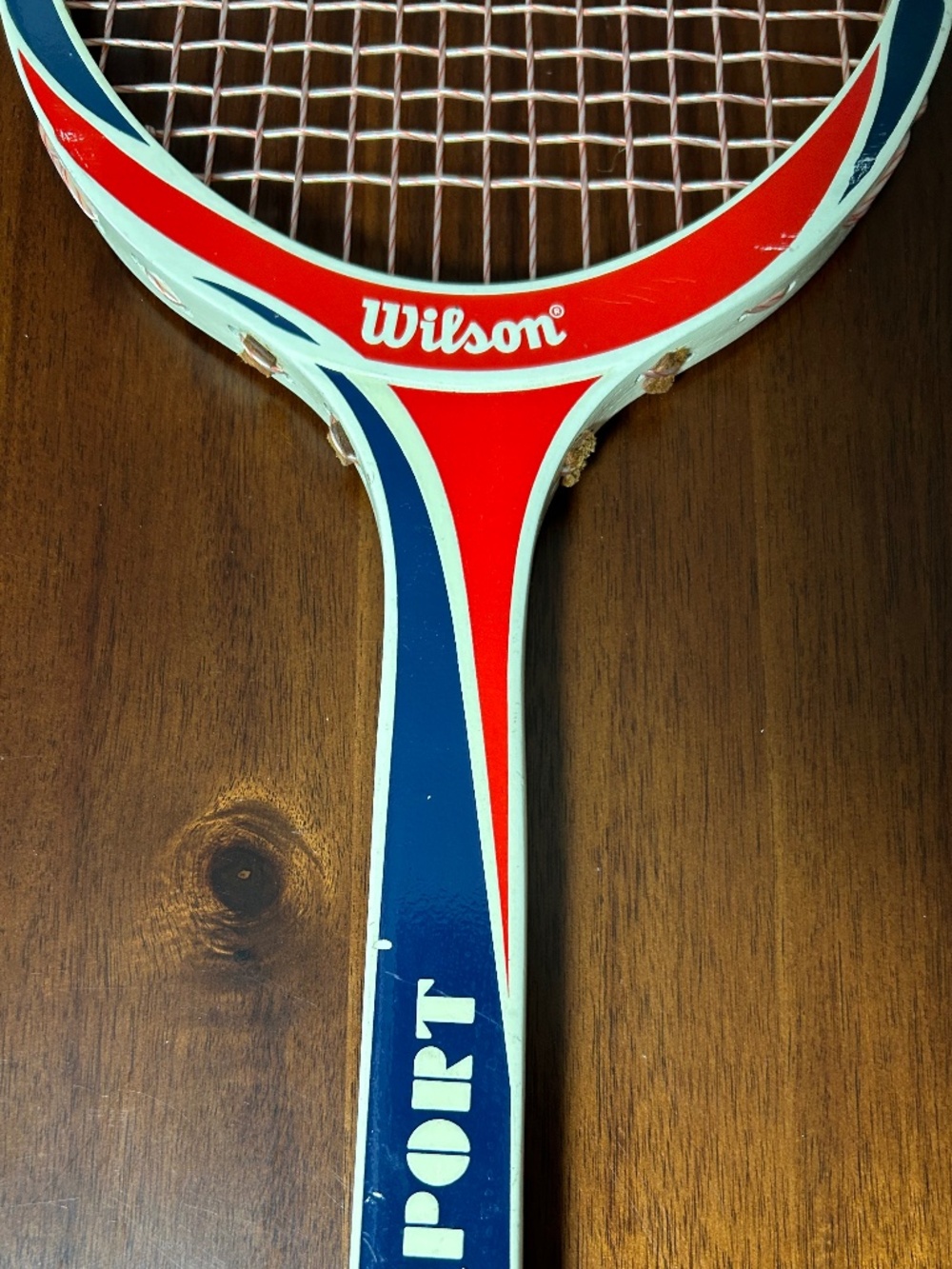Vintage 1970s Wilson Sport Wooden Tennis Racket - Red White Blue Retro Display
